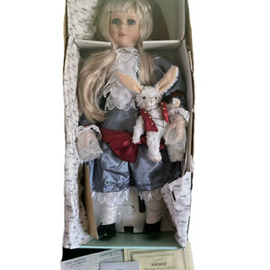 Vintage Porcelain Alice In Wonderland Doll w/White Rabbit 2 Tall RARE